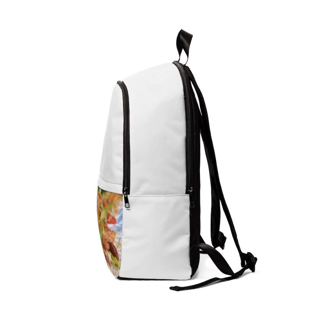 Chicken Burrito Unisex Fabric Backpack featuring a unique design, padded back panel, and adjustable straps, ideal for school and travel.