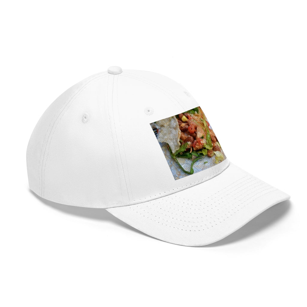 Chicken Burrito Unisex Twill Hat featuring a classic 6-panel design, adjustable Velcro closure, and made from 100% cotton twill for comfort and durability.