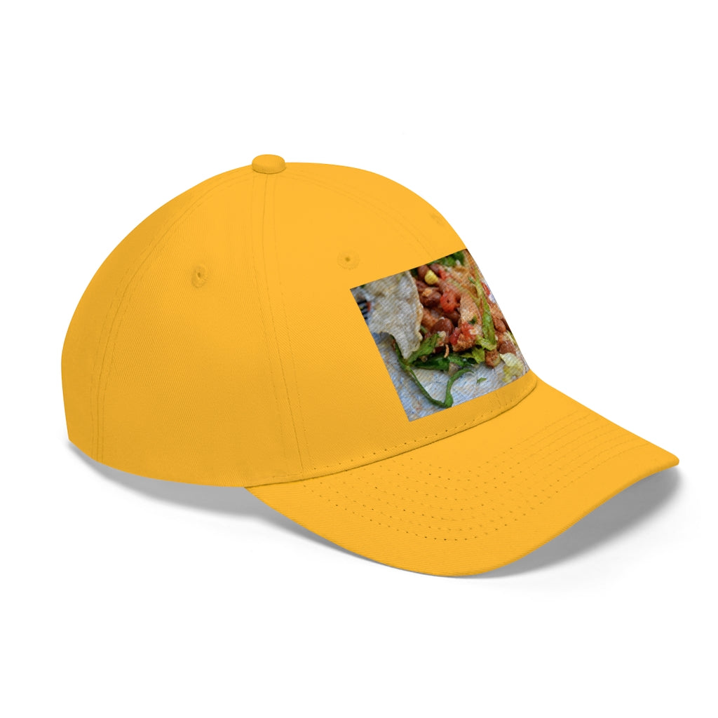 Chicken Burrito Unisex Twill Hat featuring a classic 6-panel design, adjustable Velcro closure, and made from 100% cotton twill for comfort and durability.