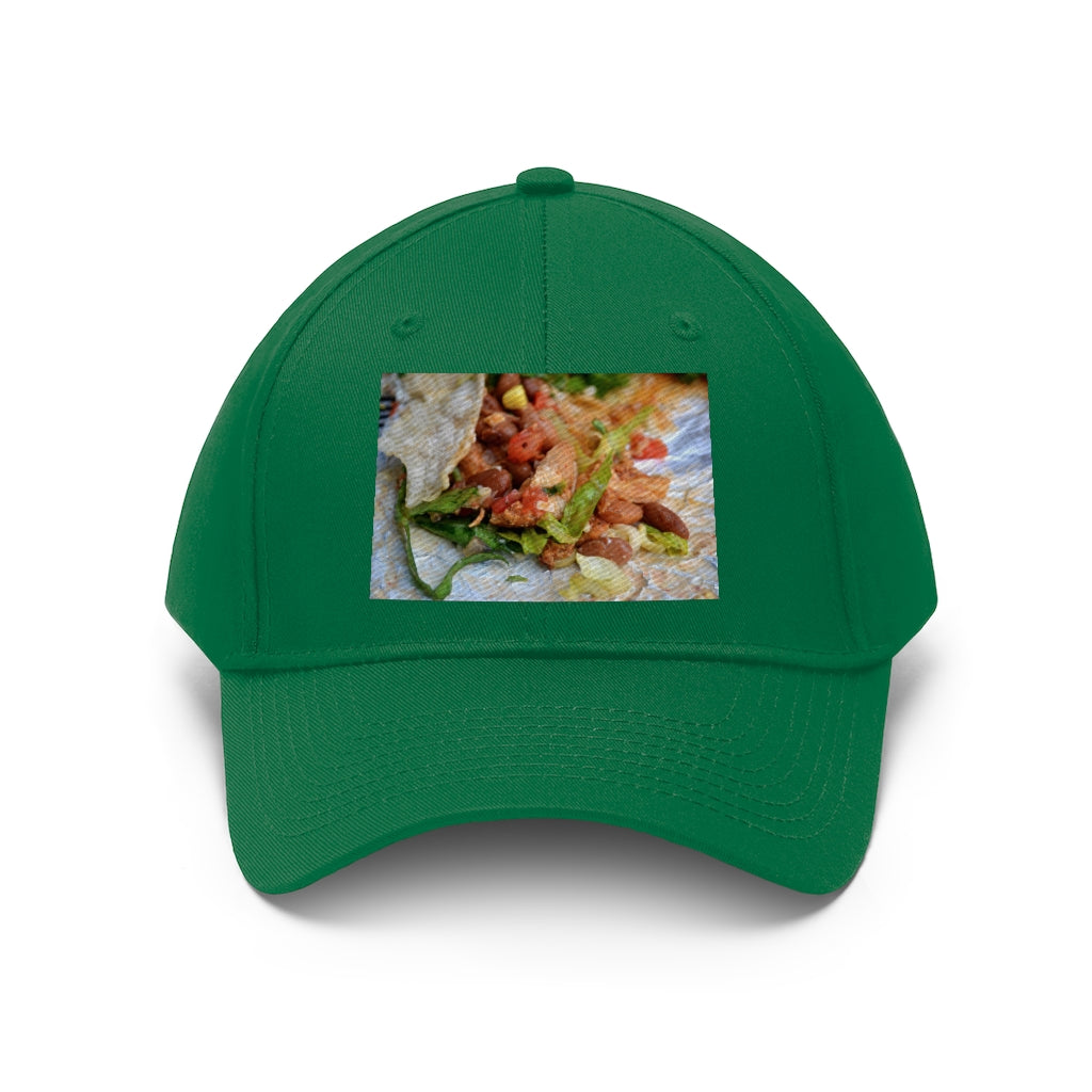 Chicken Burrito Unisex Twill Hat featuring a classic 6-panel design, adjustable Velcro closure, and made from 100% cotton twill for comfort and durability.