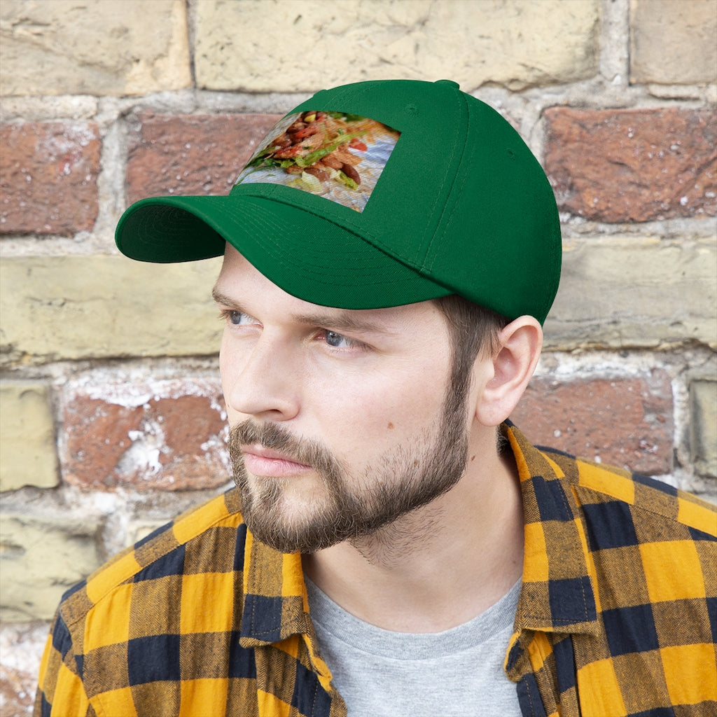 Chicken Burrito Unisex Twill Hat featuring a classic 6-panel design, adjustable Velcro closure, and made from 100% cotton twill for comfort and durability.