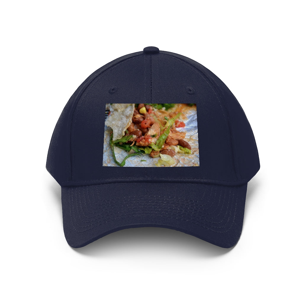 Chicken Burrito Unisex Twill Hat featuring a classic 6-panel design, adjustable Velcro closure, and made from 100% cotton twill for comfort and durability.