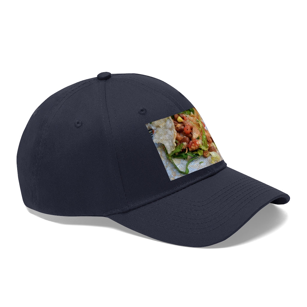 Chicken Burrito Unisex Twill Hat featuring a classic 6-panel design, adjustable Velcro closure, and made from 100% cotton twill for comfort and durability.