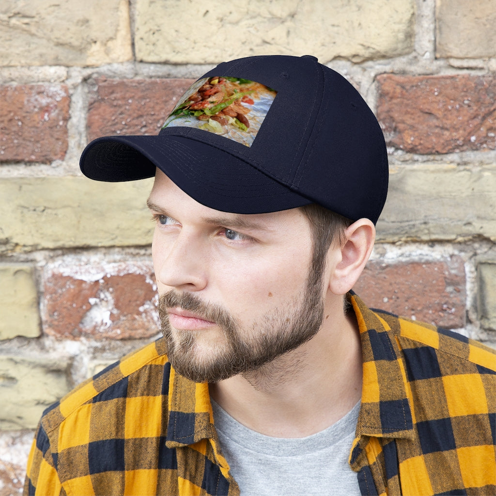 Chicken Burrito Unisex Twill Hat featuring a classic 6-panel design, adjustable Velcro closure, and made from 100% cotton twill for comfort and durability.