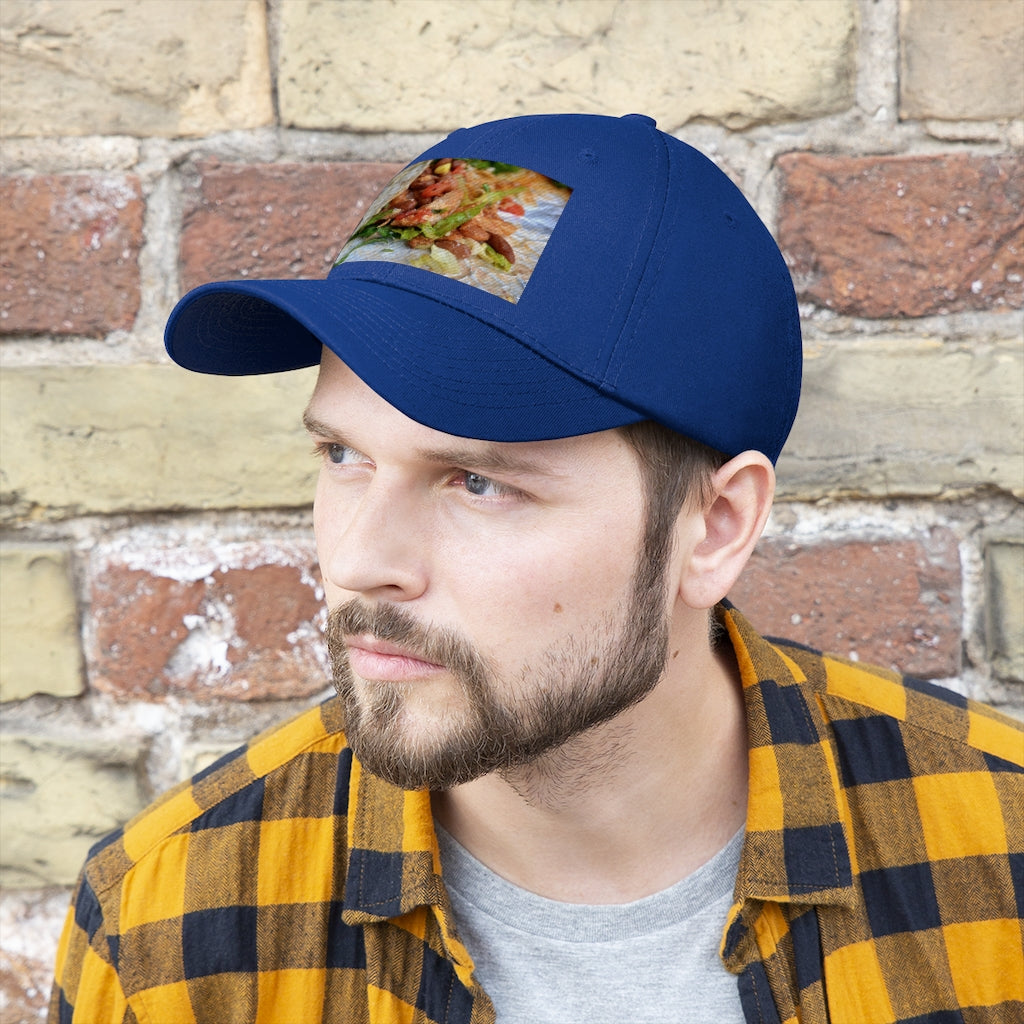 Chicken Burrito Unisex Twill Hat featuring a classic 6-panel design, adjustable Velcro closure, and made from 100% cotton twill for comfort and durability.