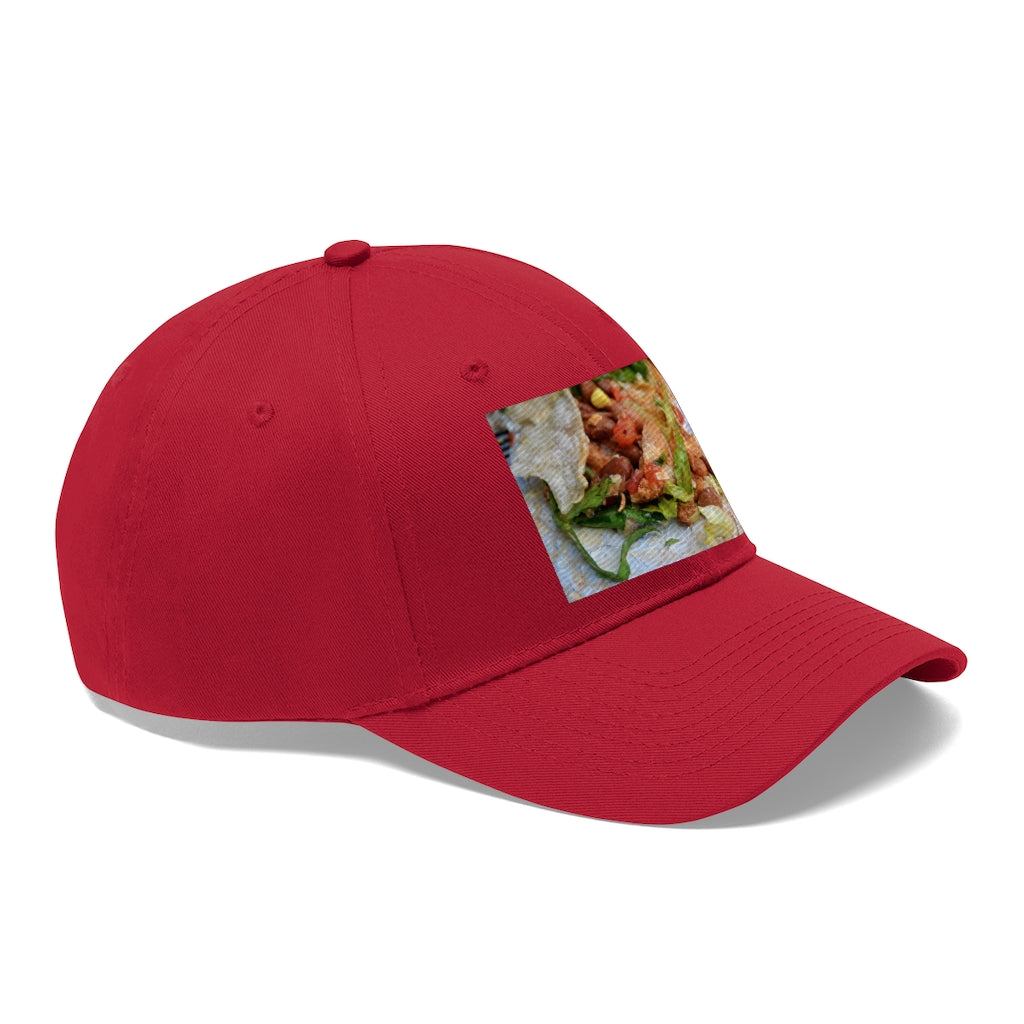 Chicken Burrito Unisex Twill Hat featuring a classic 6-panel design, adjustable Velcro closure, and made from 100% cotton twill for comfort and durability.