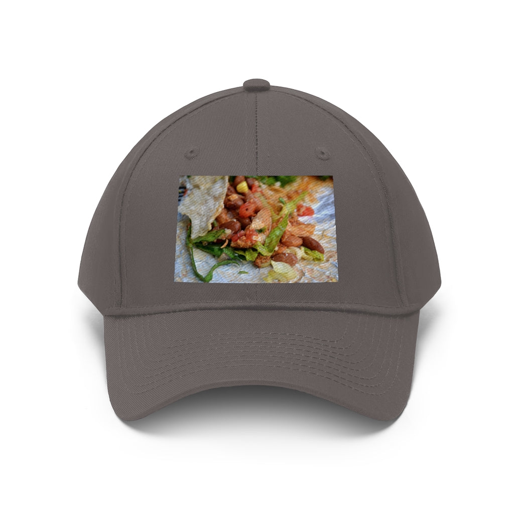 Chicken Burrito Unisex Twill Hat featuring a classic 6-panel design, adjustable Velcro closure, and made from 100% cotton twill for comfort and durability.