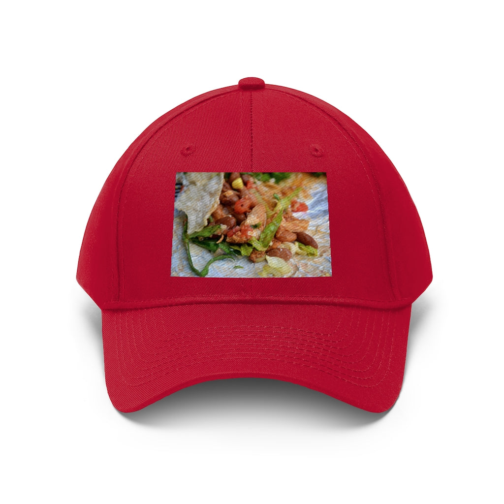 Chicken Burrito Unisex Twill Hat featuring a classic 6-panel design, adjustable Velcro closure, and made from 100% cotton twill for comfort and durability.