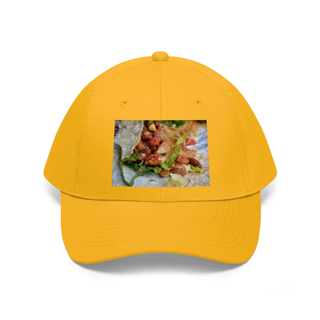 Chicken Burrito Unisex Twill Hat featuring a classic 6-panel design, adjustable Velcro closure, and made from 100% cotton twill for comfort and durability.