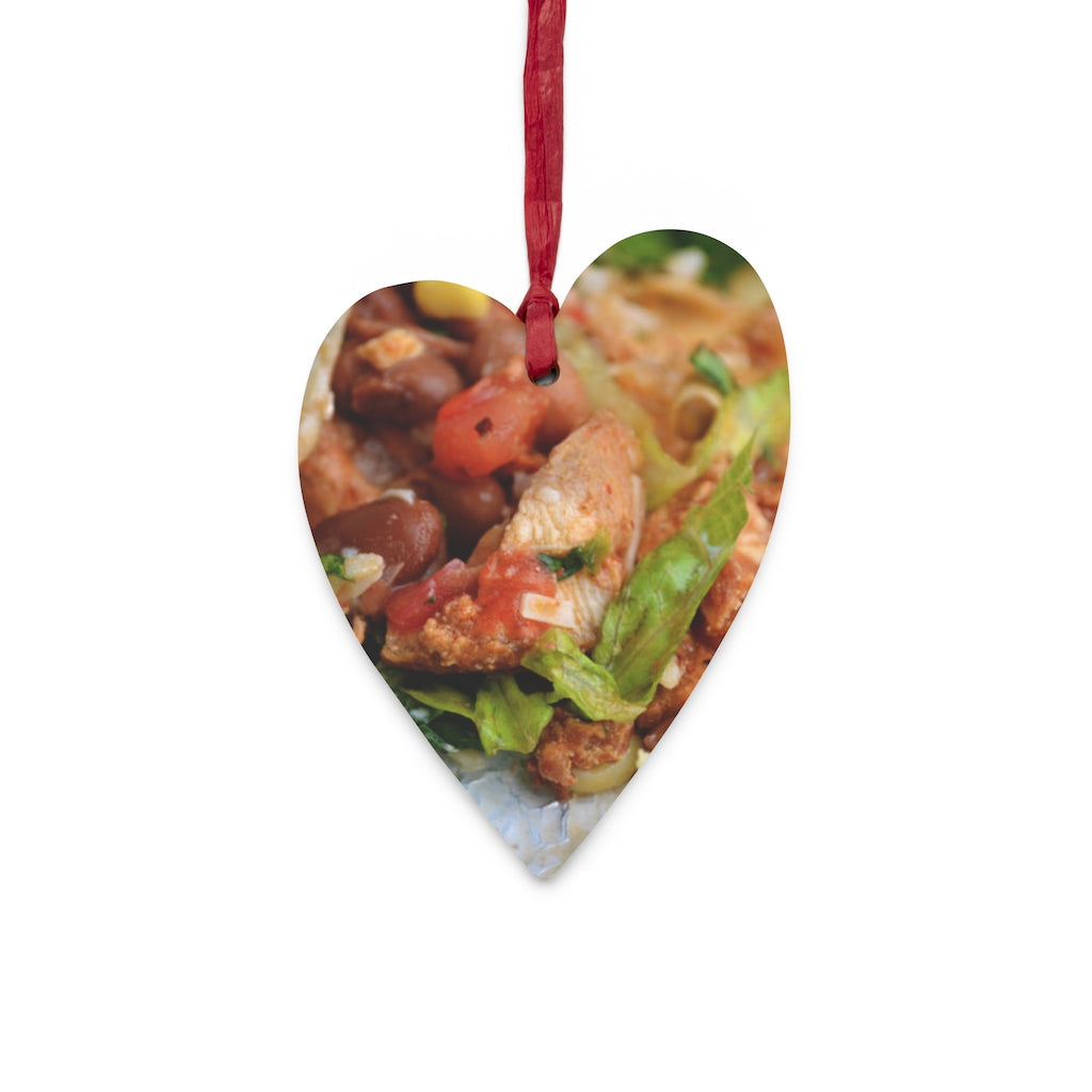 A collection of Chicken Burrito Wooden Christmas Ornaments featuring whimsical designs, solid wood construction, and red ribbons for hanging.