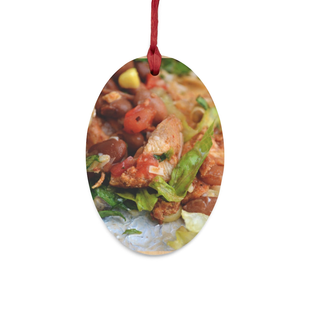 A collection of Chicken Burrito Wooden Christmas Ornaments featuring whimsical designs, solid wood construction, and red ribbons for hanging.