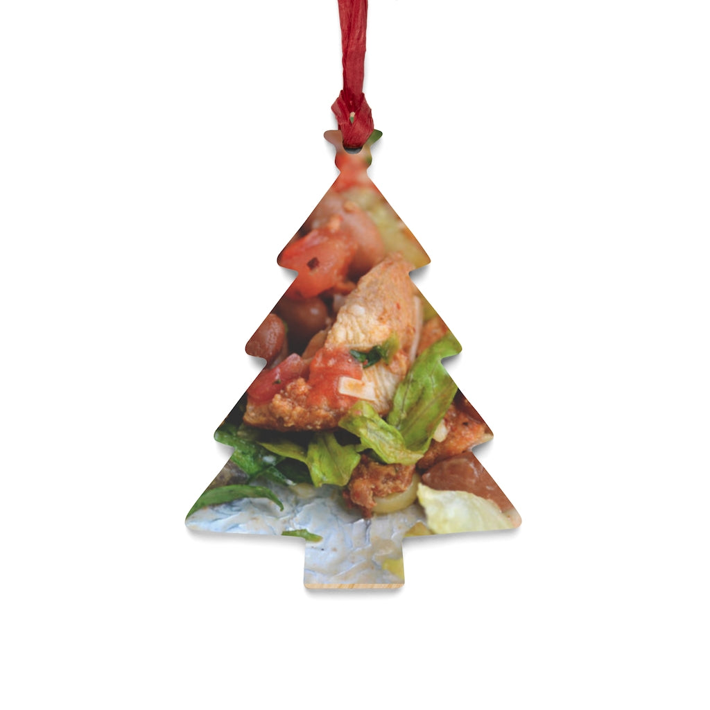 A collection of Chicken Burrito Wooden Christmas Ornaments featuring whimsical designs, solid wood construction, and red ribbons for hanging.