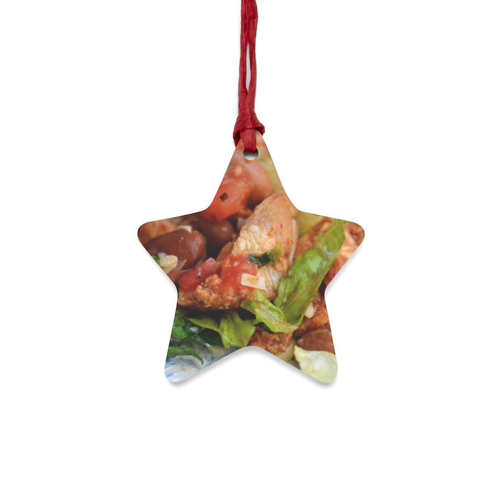 A collection of Chicken Burrito Wooden Christmas Ornaments featuring whimsical designs, solid wood construction, and red ribbons for hanging.