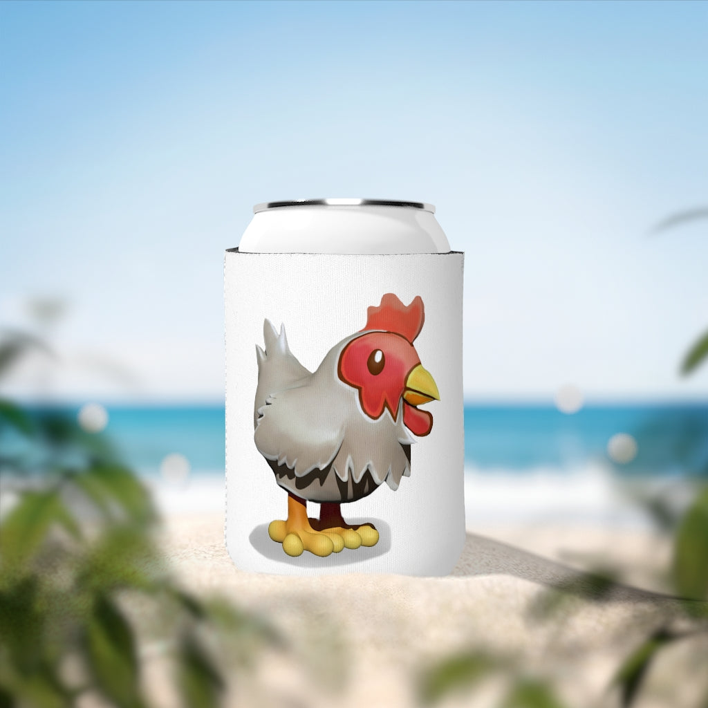 A Chicken Can Cooler Sleeve made of durable neoprene, designed to fit standard 12 oz cans, featuring a customizable design.