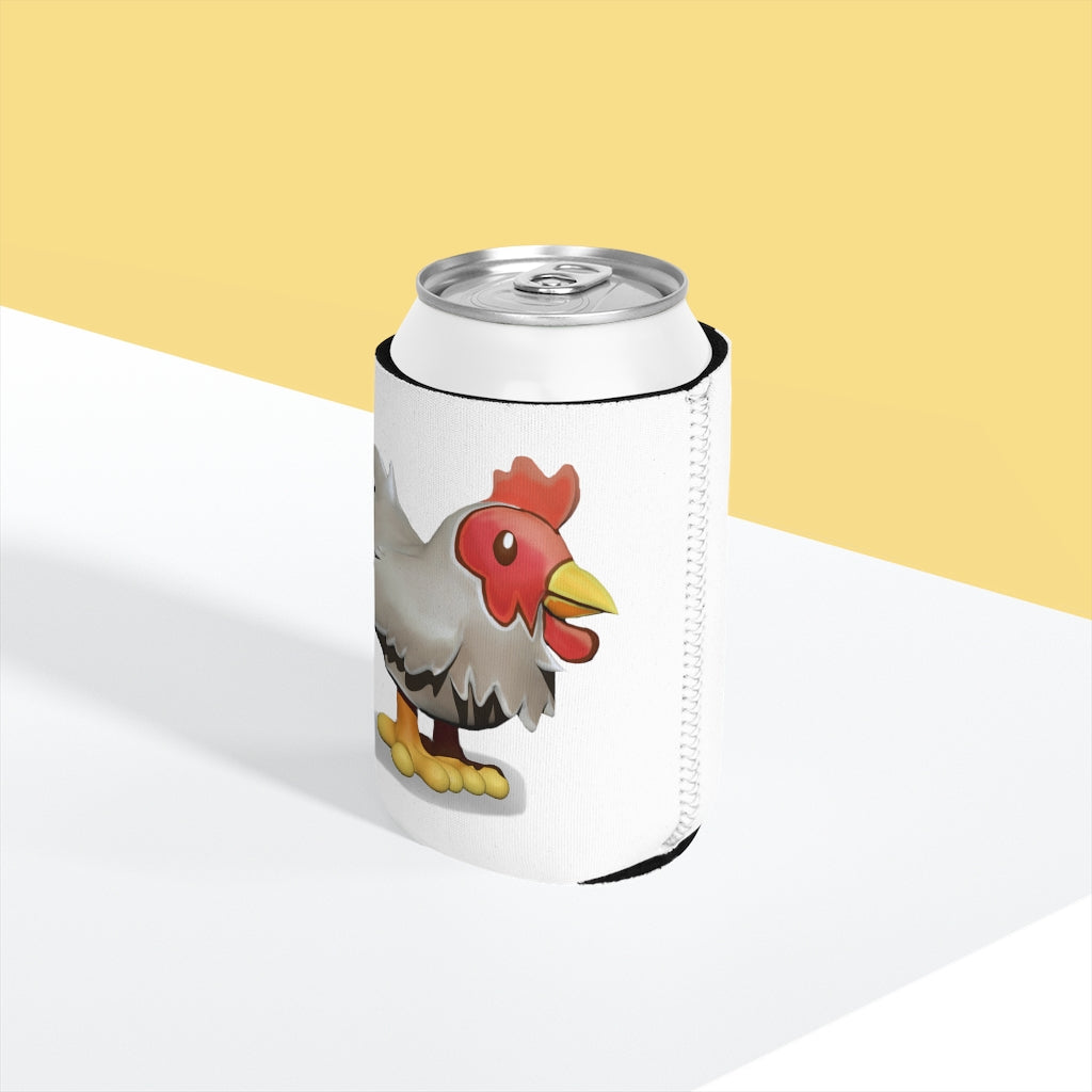 A Chicken Can Cooler Sleeve made of durable neoprene, designed to fit standard 12 oz cans, featuring a customizable design.