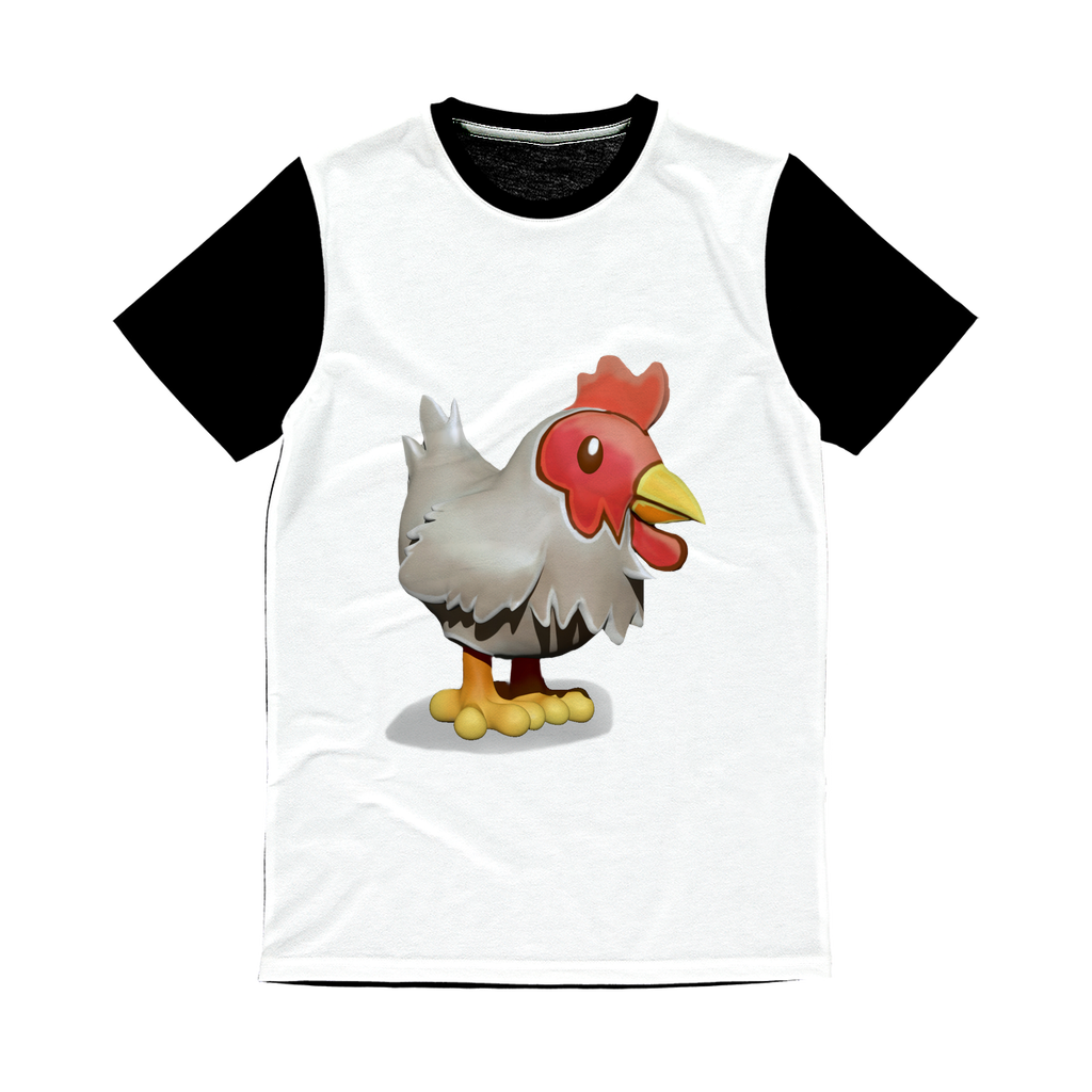 Chicken Classic Sublimation Panel T-Shirt featuring a vibrant front design and a plain black back, ideal for sublimation printing.