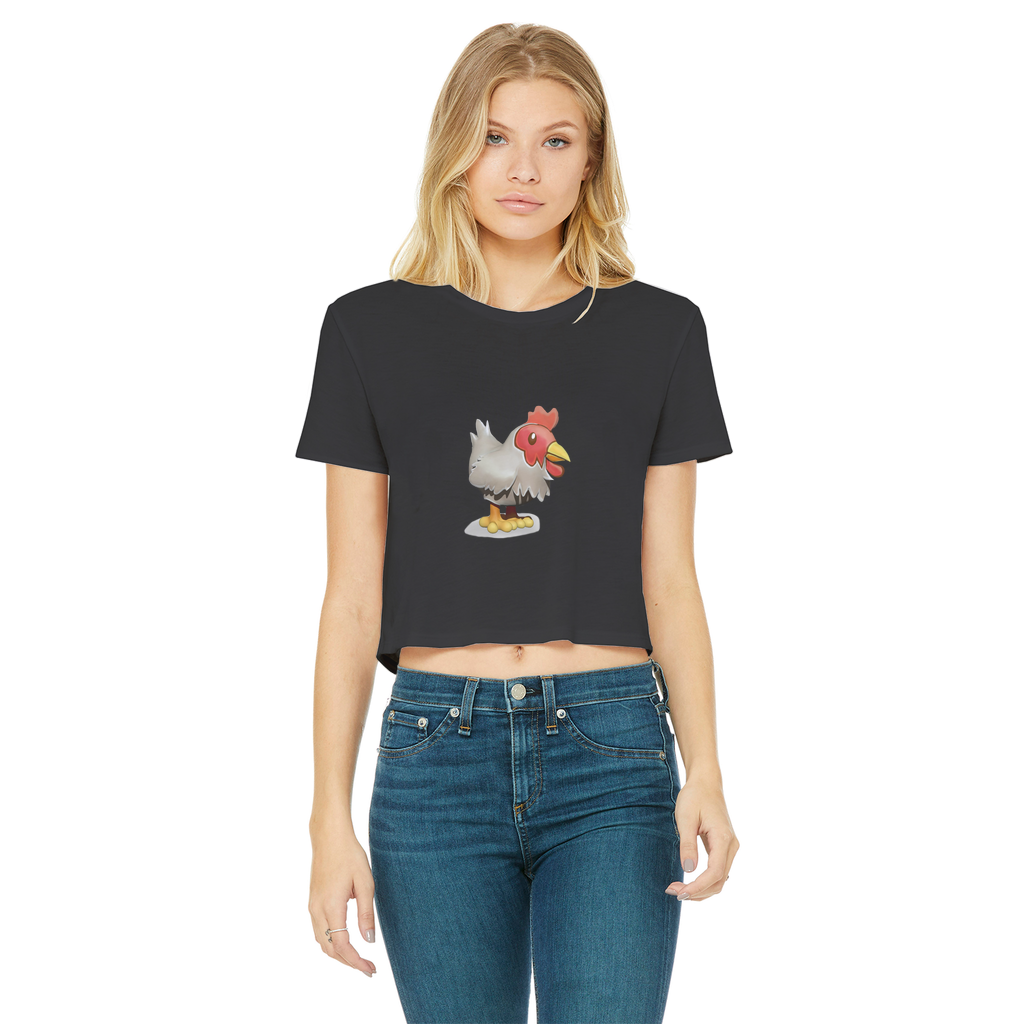 A stylish Chicken Classic Women's Cropped Raw Edge T-Shirt featuring a round neck, short sleeves, and a trendy raw edge hem in various colors.