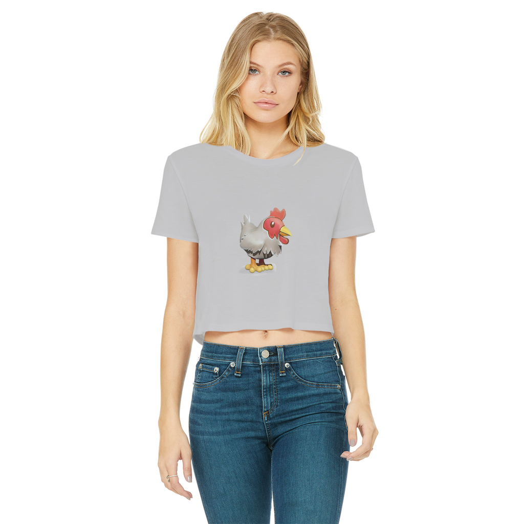 A stylish Chicken Classic Women's Cropped Raw Edge T-Shirt featuring a round neck, short sleeves, and a trendy raw edge hem in various colors.