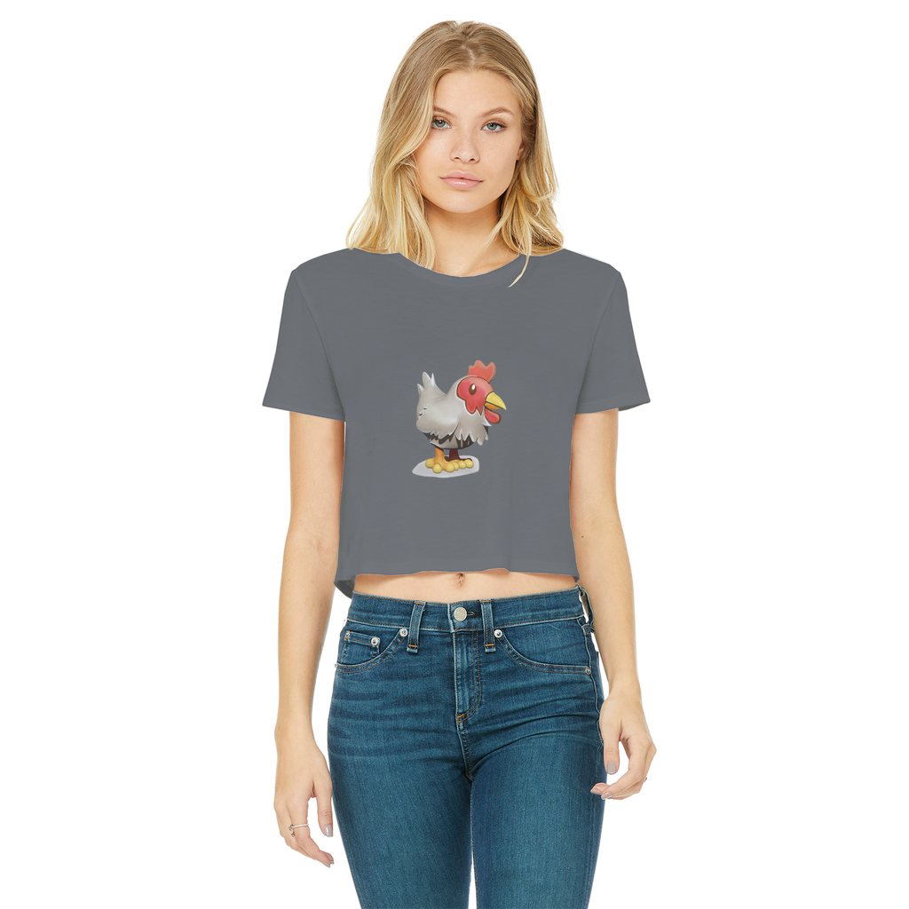 A stylish Chicken Classic Women's Cropped Raw Edge T-Shirt featuring a round neck, short sleeves, and a trendy raw edge hem in various colors.