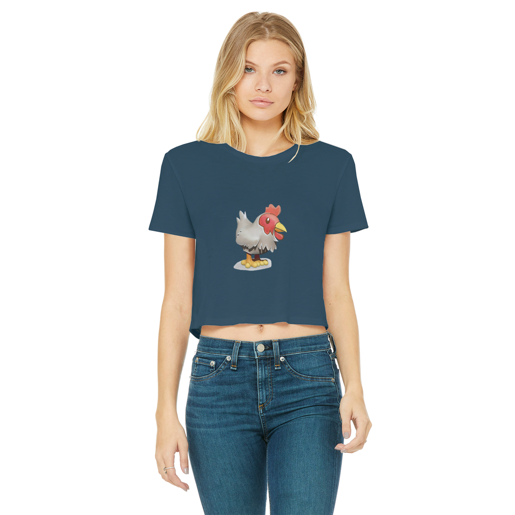 A stylish Chicken Classic Women's Cropped Raw Edge T-Shirt featuring a round neck, short sleeves, and a trendy raw edge hem in various colors.