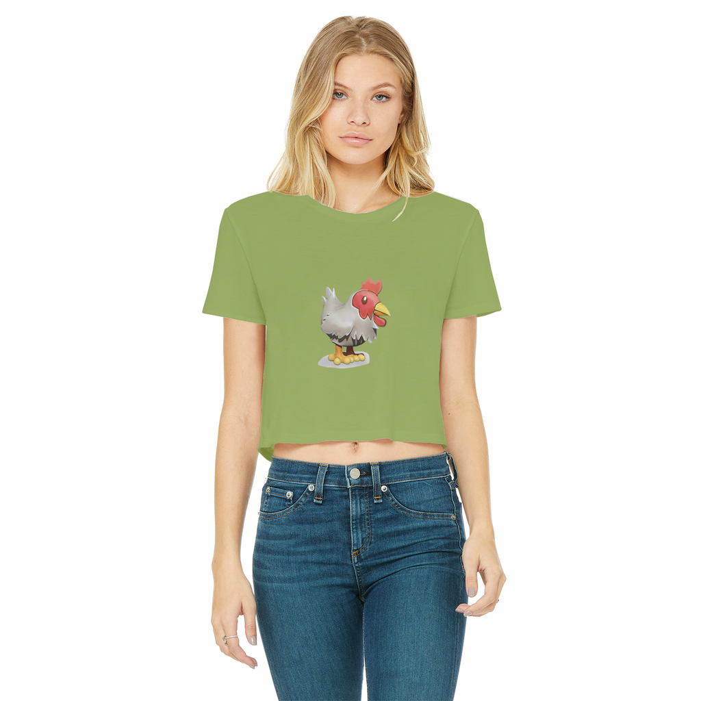 A stylish Chicken Classic Women's Cropped Raw Edge T-Shirt featuring a round neck, short sleeves, and a trendy raw edge hem in various colors.