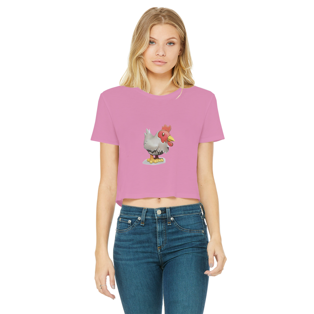 A stylish Chicken Classic Women's Cropped Raw Edge T-Shirt featuring a round neck, short sleeves, and a trendy raw edge hem in various colors.