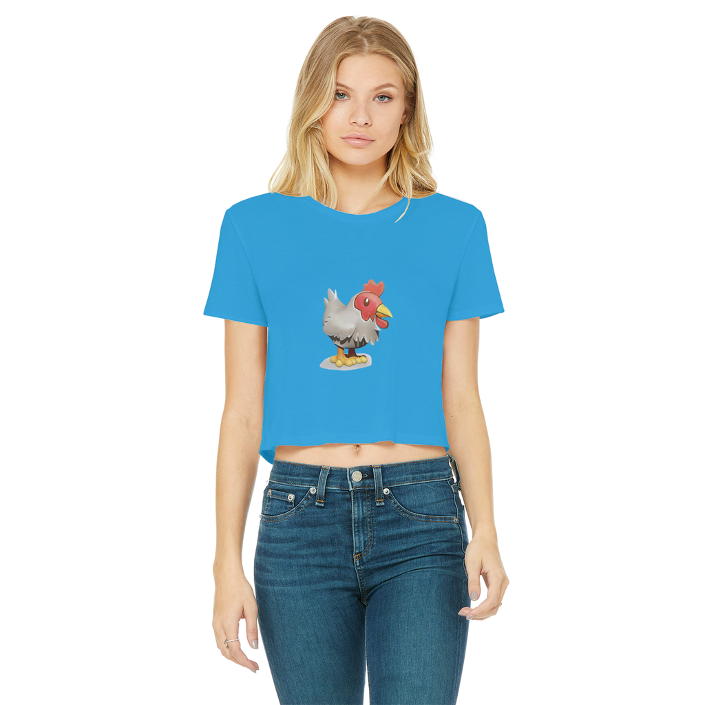 A stylish Chicken Classic Women's Cropped Raw Edge T-Shirt featuring a round neck, short sleeves, and a trendy raw edge hem in various colors.