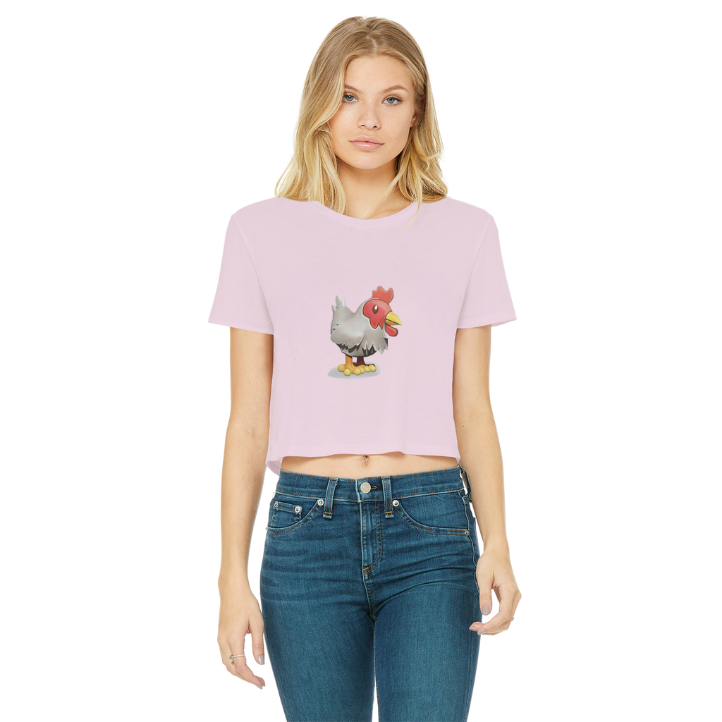 A stylish Chicken Classic Women's Cropped Raw Edge T-Shirt featuring a round neck, short sleeves, and a trendy raw edge hem in various colors.