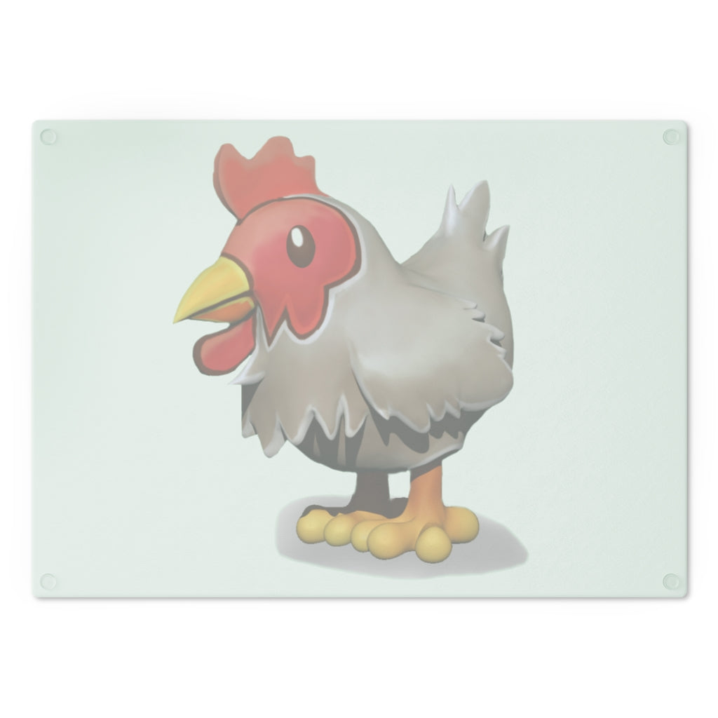 A stylish Chicken Cutting Board made of tempered glass with rubber dots for stability, showcasing a personalized design.