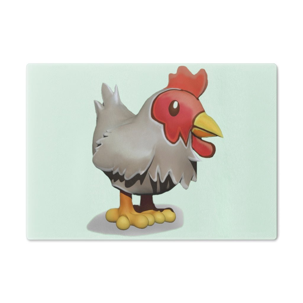 A stylish Chicken Cutting Board made of tempered glass with rubber dots for stability, showcasing a personalized design.