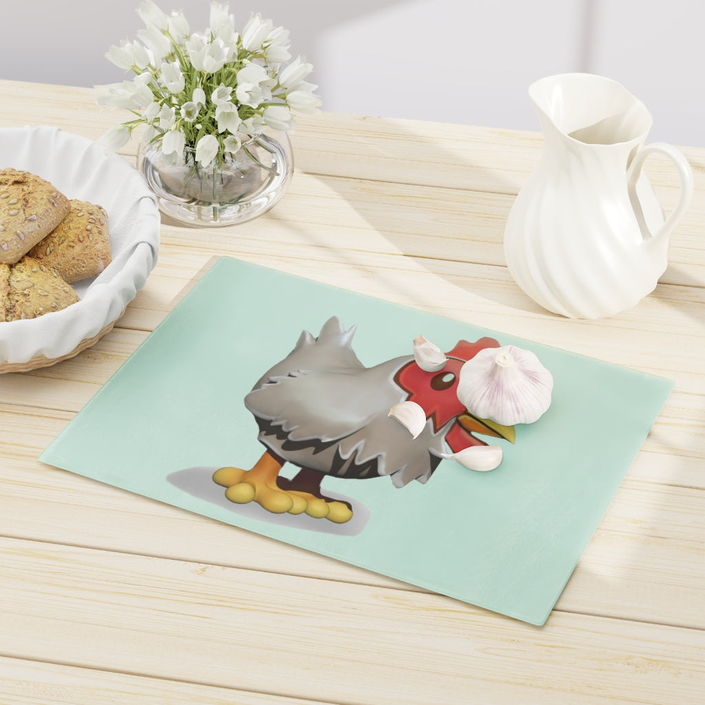 A stylish Chicken Cutting Board made of tempered glass with rubber dots for stability, showcasing a personalized design.