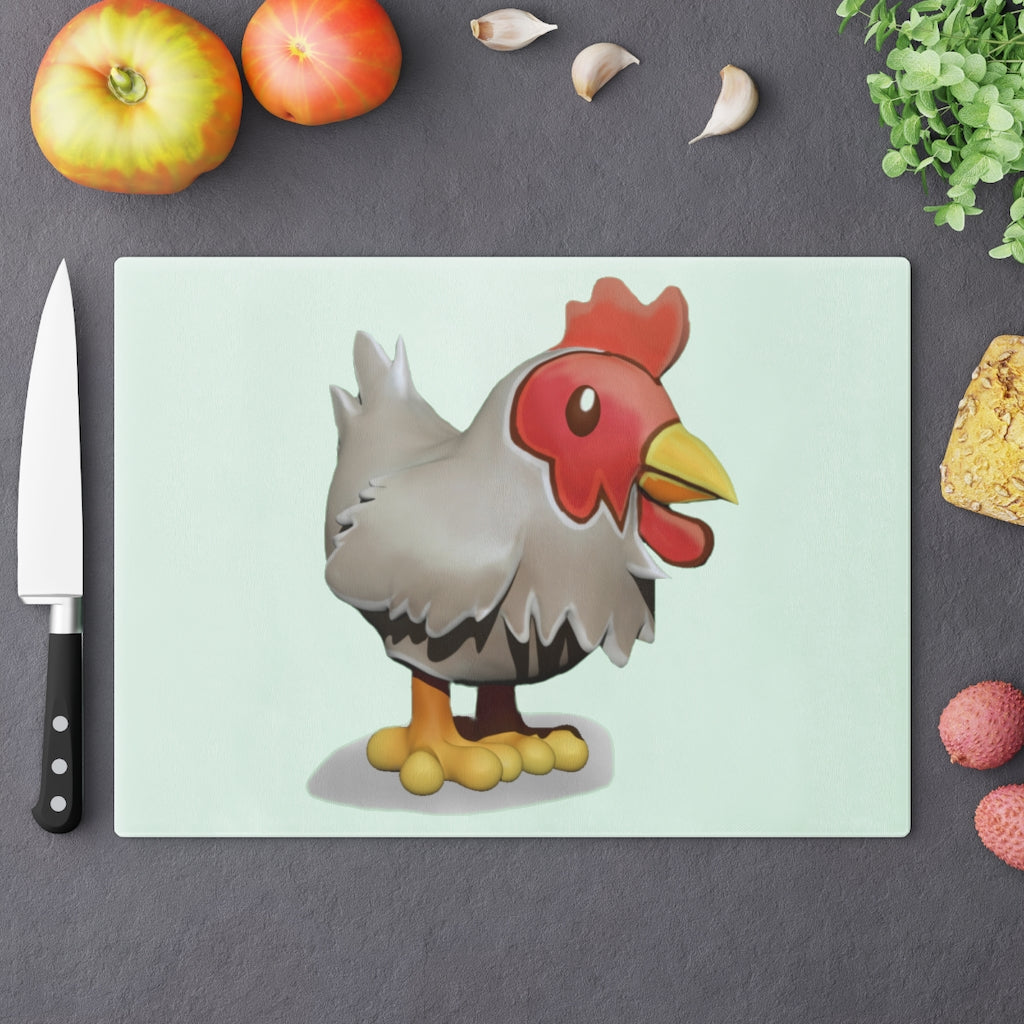 A stylish Chicken Cutting Board made of tempered glass with rubber dots for stability, showcasing a personalized design.