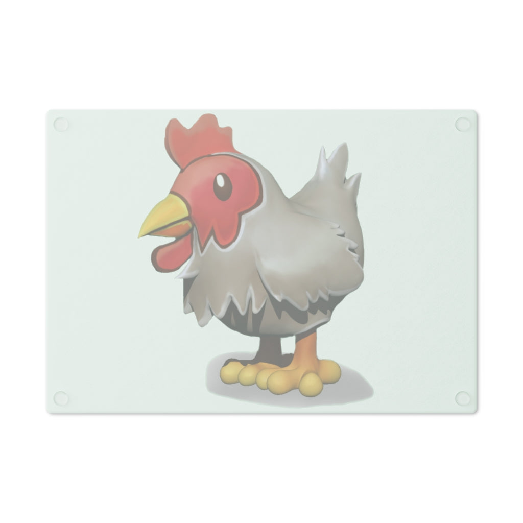 A stylish Chicken Cutting Board made of tempered glass with rubber dots for stability, showcasing a personalized design.