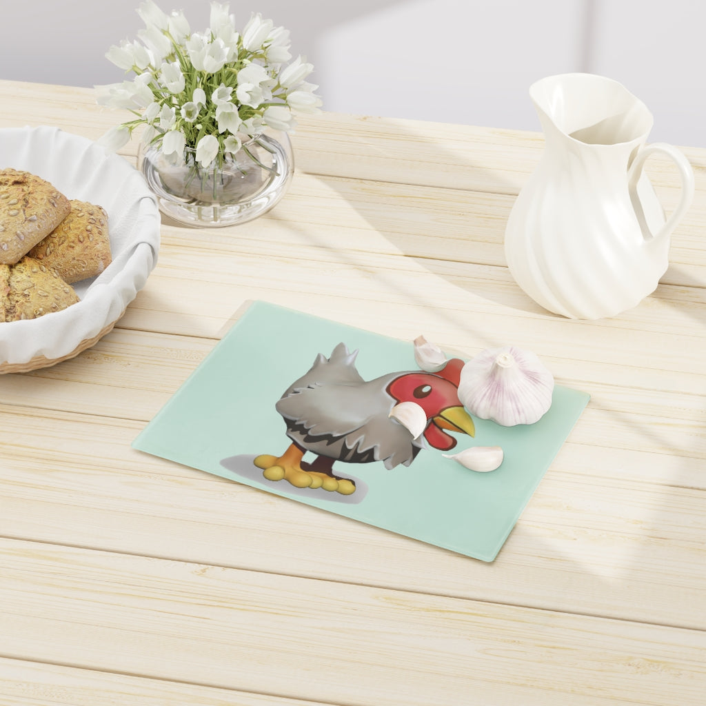 A stylish Chicken Cutting Board made of tempered glass with rubber dots for stability, showcasing a personalized design.