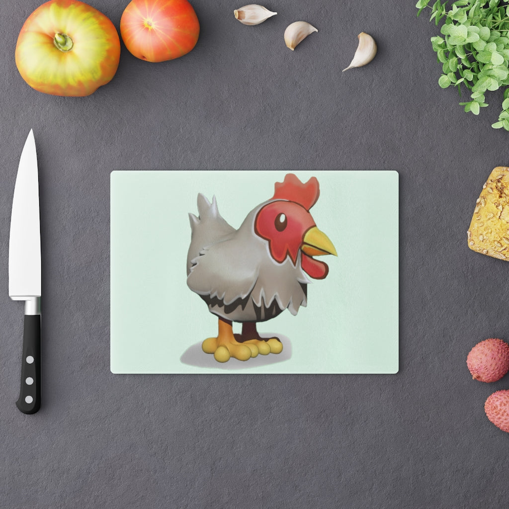 A stylish Chicken Cutting Board made of tempered glass with rubber dots for stability, showcasing a personalized design.