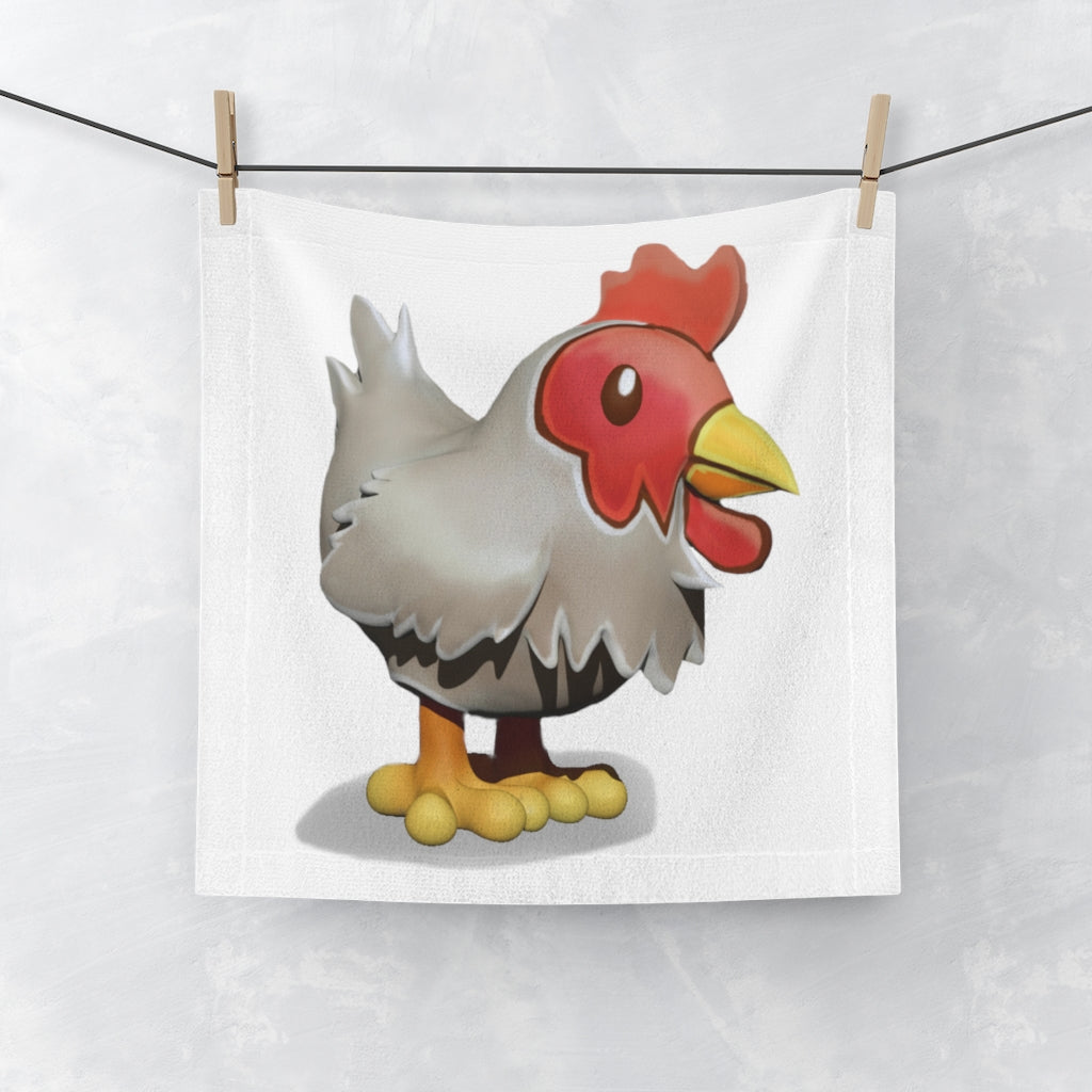 A colorful Chicken Face Towel featuring a vibrant design on a soft polyester front and absorbent cotton back, perfect for bathroom use.