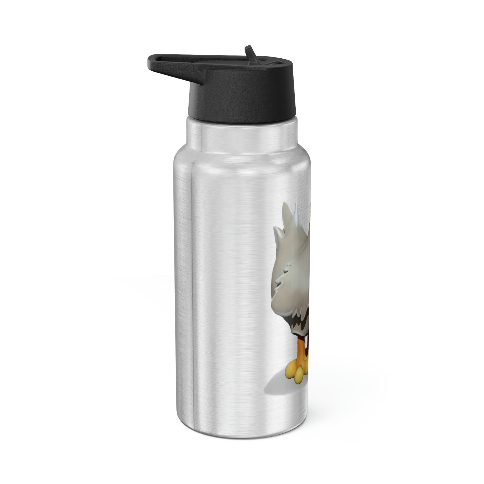 A 32oz Chicken Gator Tumbler made of stainless steel, featuring a black screw-on cap and a plastic straw, customizable with vibrant designs.