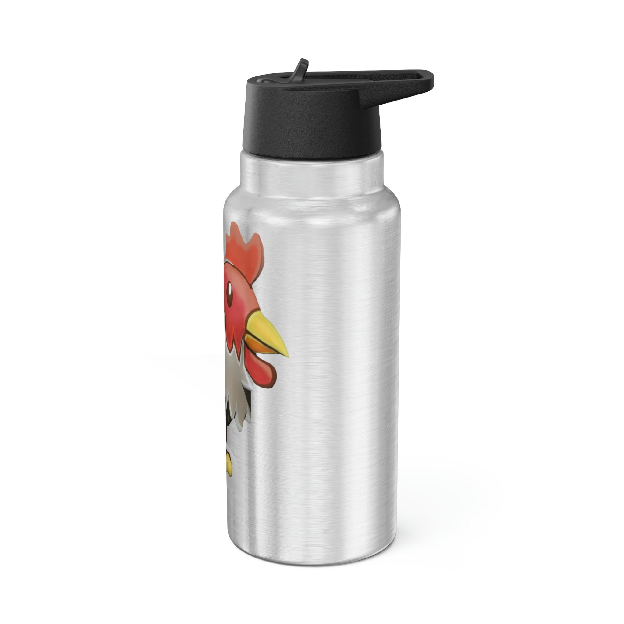 A 32oz Chicken Gator Tumbler made of stainless steel, featuring a black screw-on cap and a plastic straw, customizable with vibrant designs.