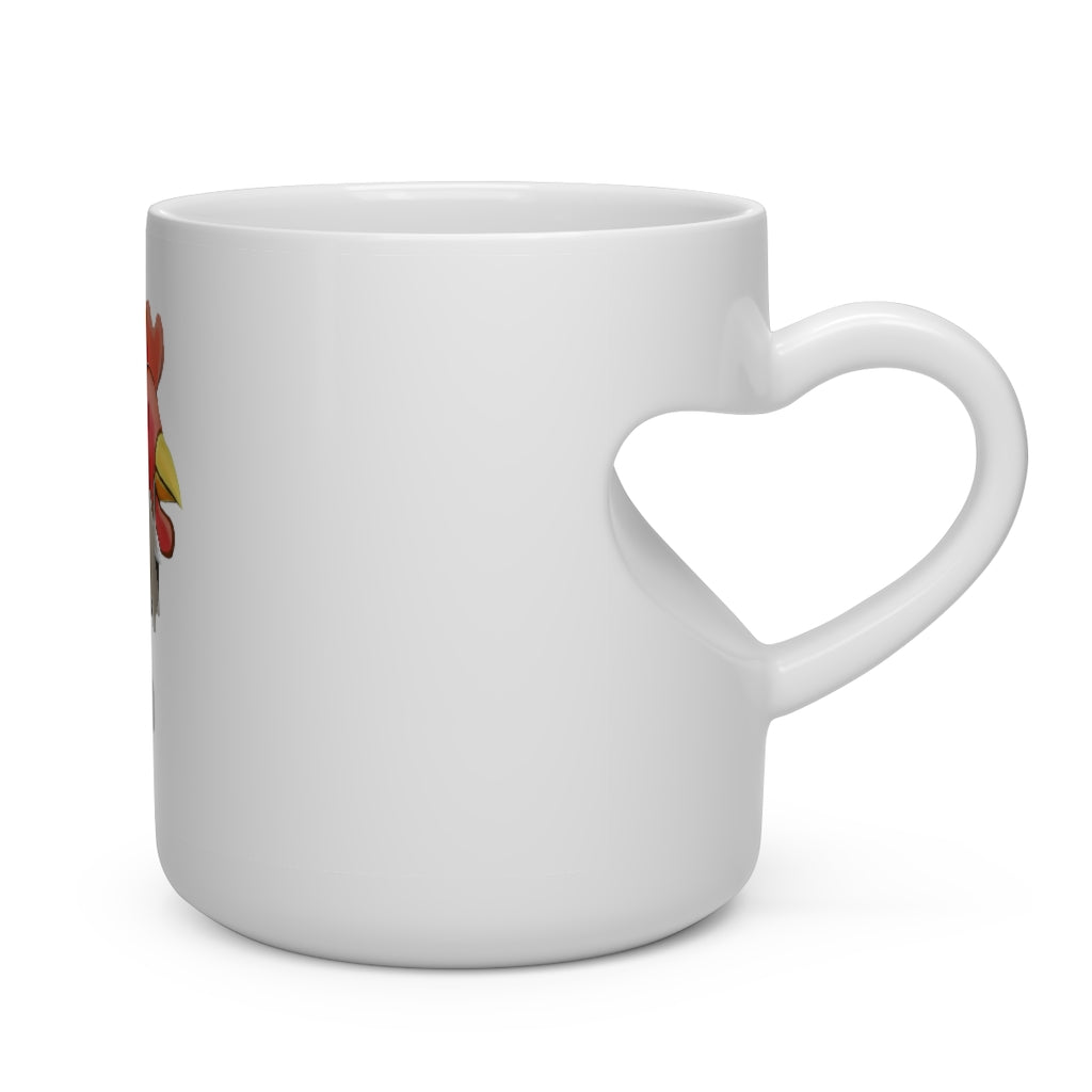 A white ceramic mug shaped like a heart with a heart-shaped handle, perfect for hot beverages.