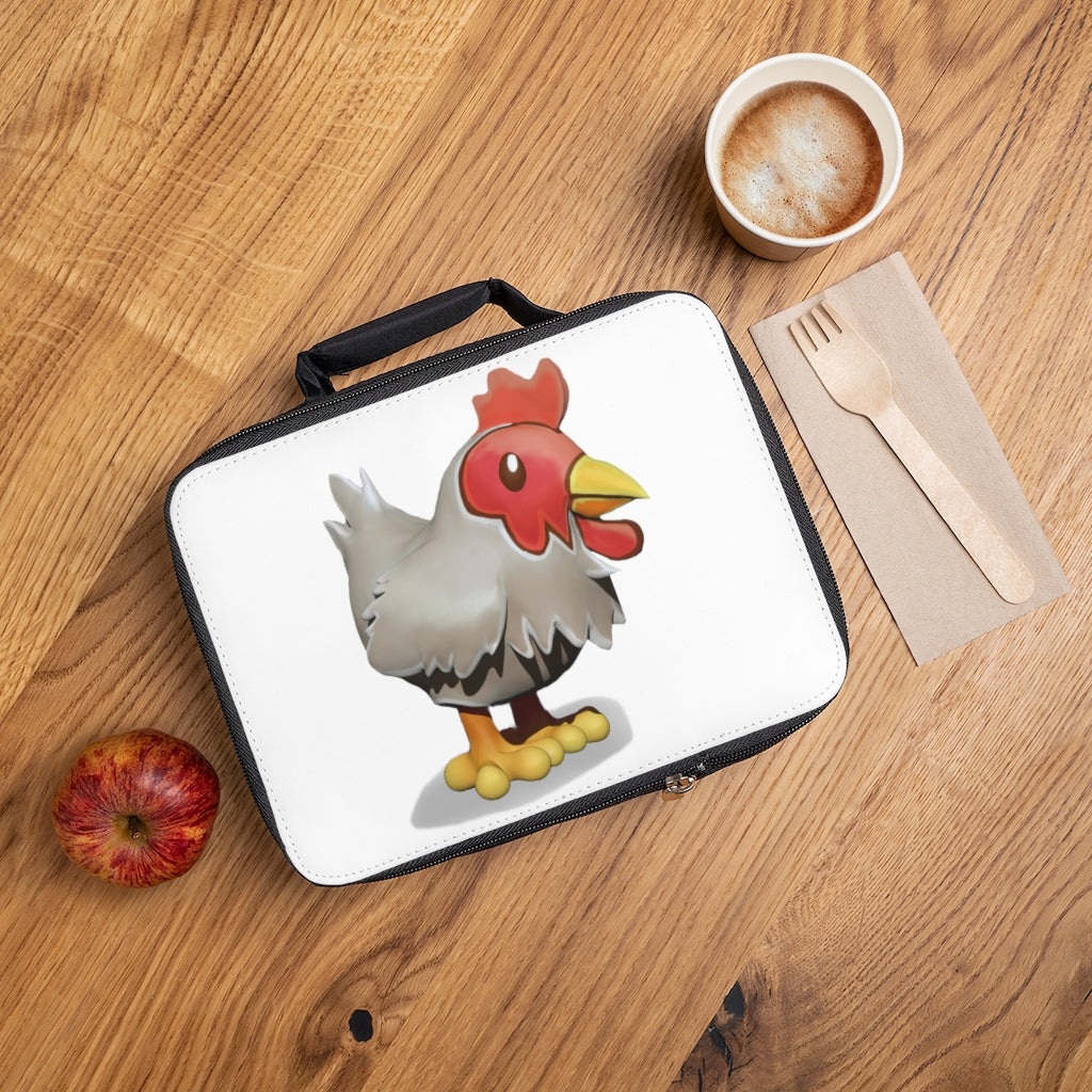 Stylish Chicken Lunch Bag with zippered closure and customizable area, made from durable cotton and polyester blend.