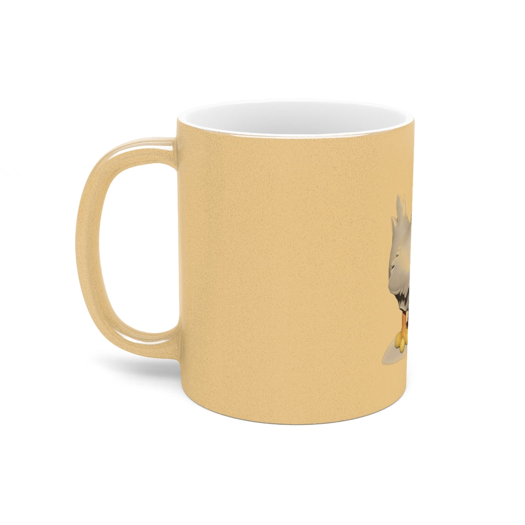 A stylish Chicken Metallic Mug in Silver and Gold finishes, showcasing personalized designs on both sides.