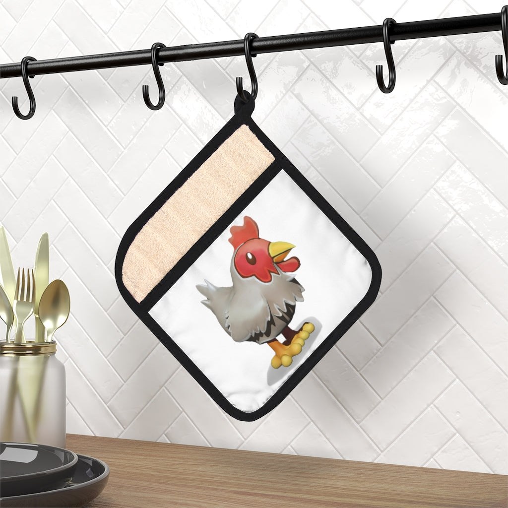 A stylish Chicken Pot Holder with Pocket, measuring 9x9 inches, featuring a black cotton hanging loop and designed for heat resistance up to 400F.