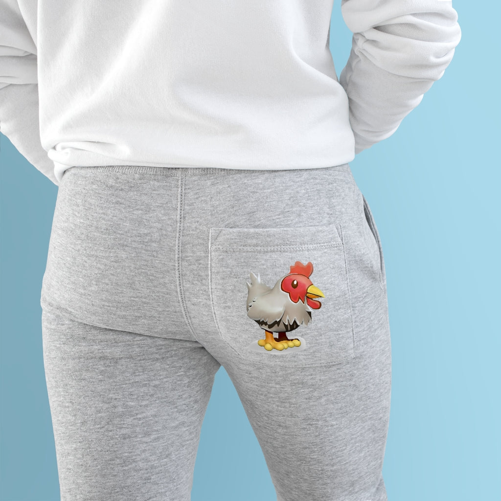 A pair of Chicken Premium Fleece Joggers in a stylish design, featuring two side pockets and a customizable back pocket, made from soft fleece fabric.