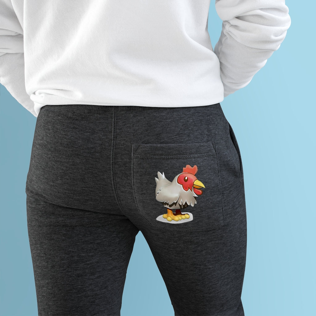 A pair of Chicken Premium Fleece Joggers in a stylish design, featuring two side pockets and a customizable back pocket, made from soft fleece fabric.