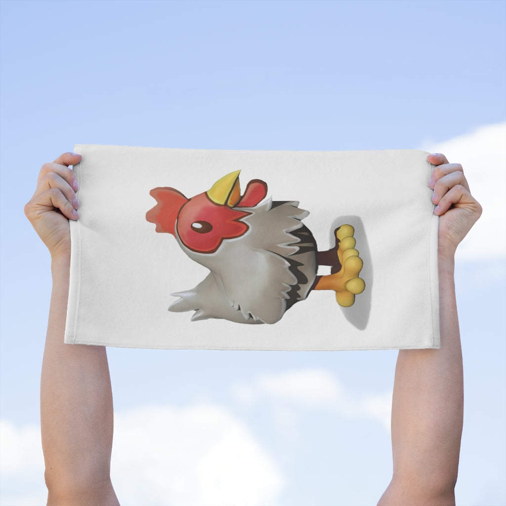 A personalized Chicken Rally Towel measuring 11x18 inches, featuring a soft cotton backing and a printed polyester front, ideal for events.