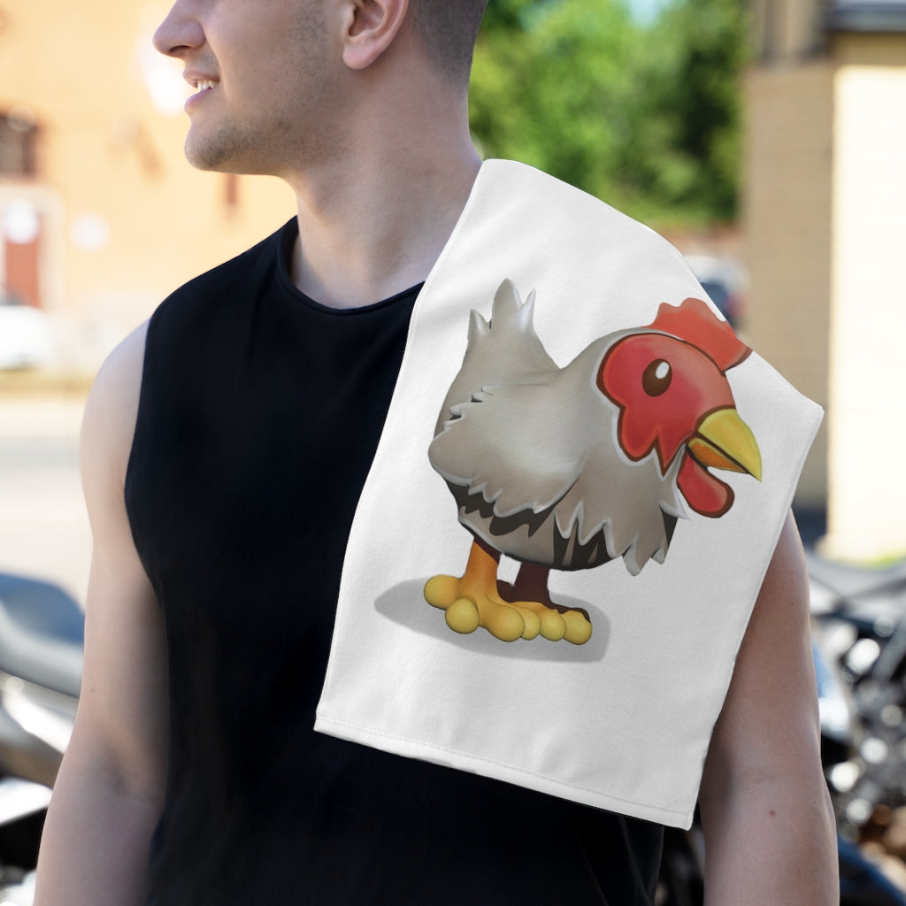 A personalized Chicken Rally Towel measuring 11x18 inches, featuring a soft cotton backing and a printed polyester front, ideal for events.