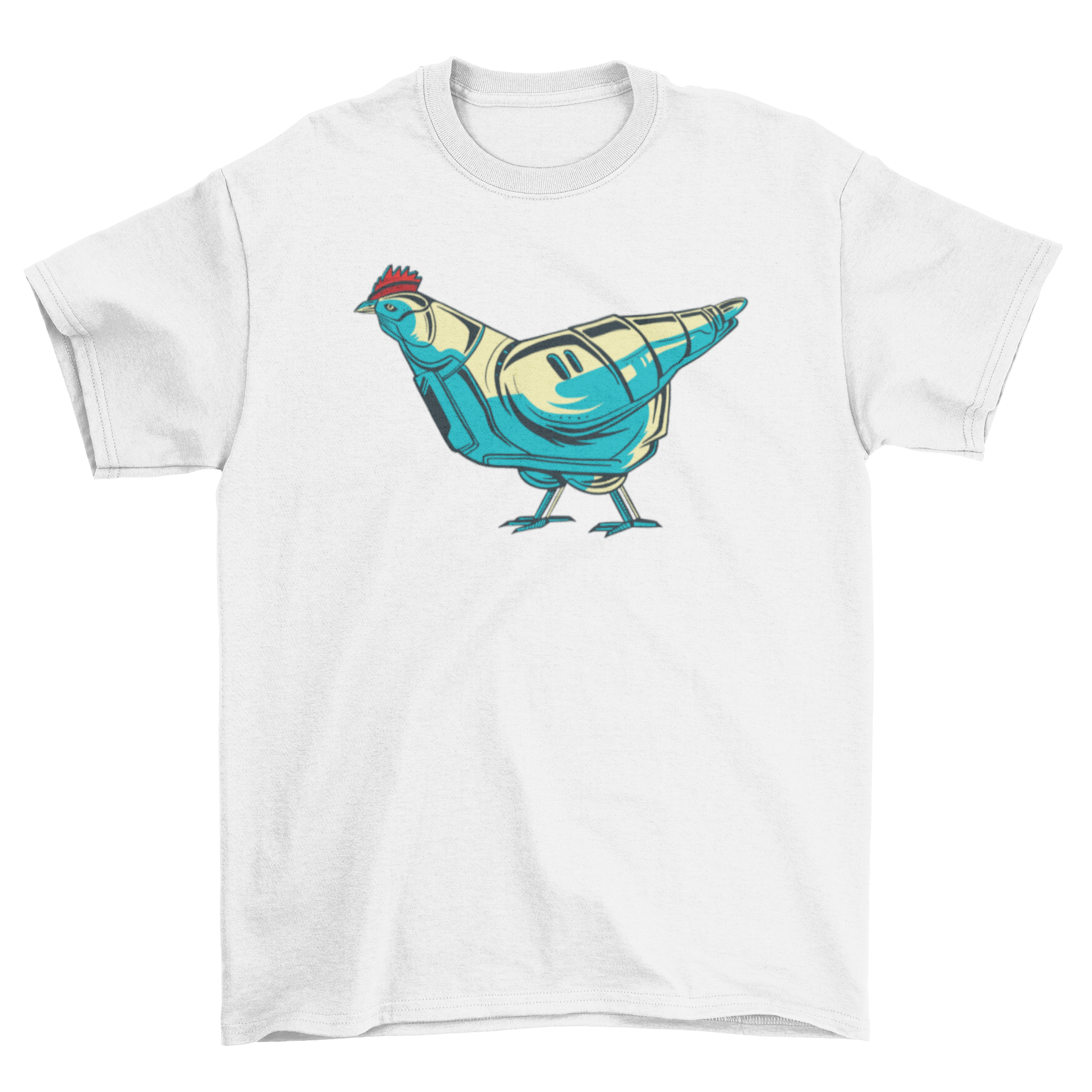 A stylish Chicken Robot T-shirt featuring a colorful robotic chicken illustration on a soft fabric.