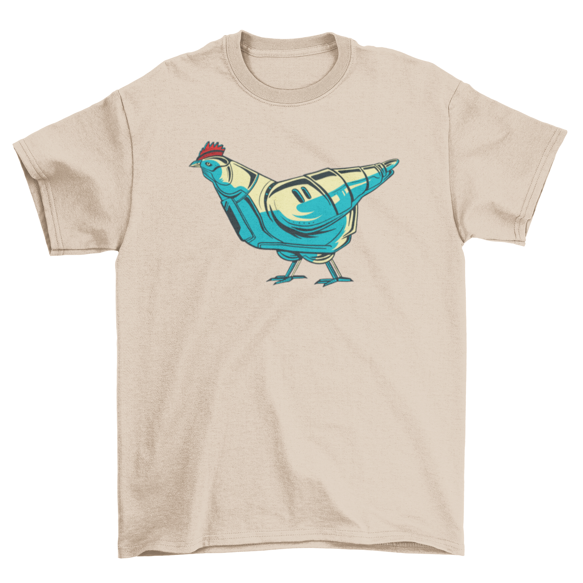 A stylish Chicken Robot T-shirt featuring a colorful robotic chicken illustration on a soft fabric.