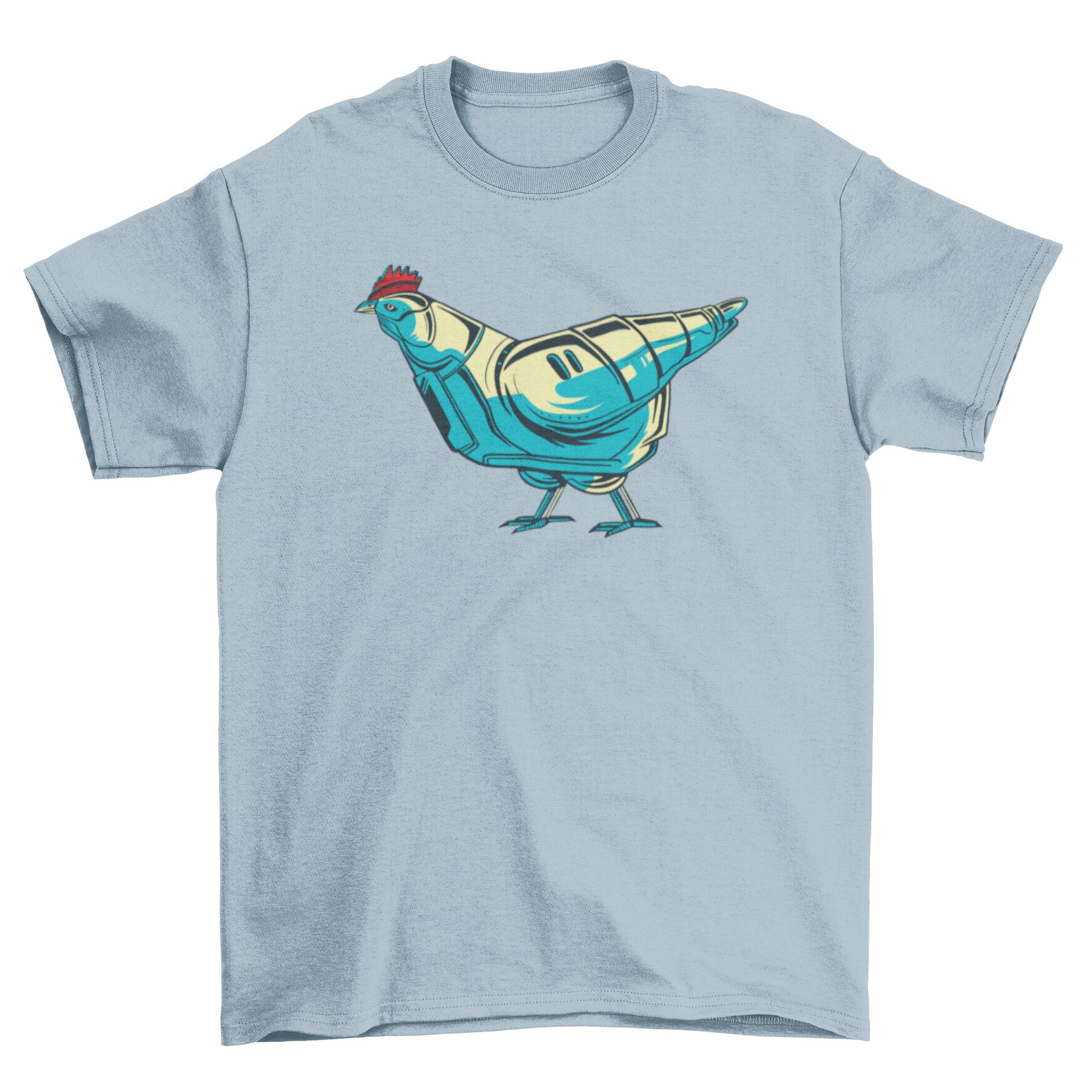 A stylish Chicken Robot T-shirt featuring a colorful robotic chicken illustration on a soft fabric.