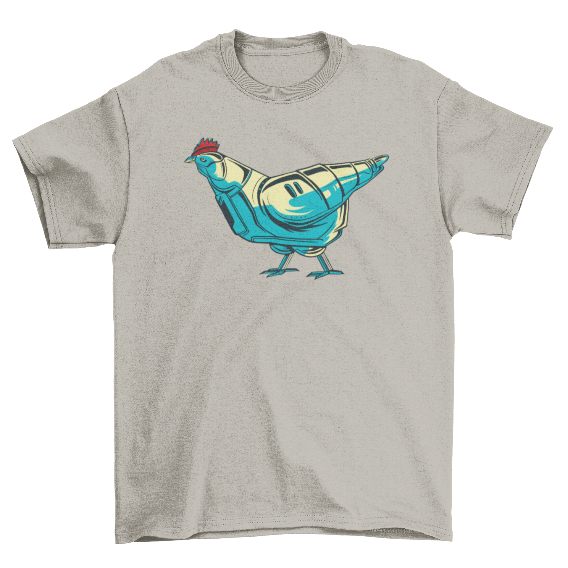 A stylish Chicken Robot T-shirt featuring a colorful robotic chicken illustration on a soft fabric.